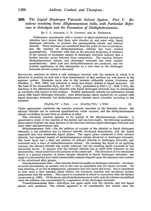 288. The liquid dinitrogen tetroxide solvent system. Part V. Reactions involving some alkylammonium salts, with particular reference to solvolysis and the formation of diethylnitrosamine
