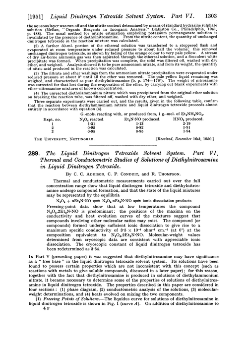 289. The liquid dinitrogen tetroxide solvent system. Part VI. Thermal and conductometric studies of solutions of diethylnitrosamine in liquid dinitrogen tetroxide