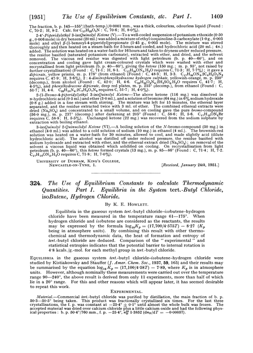 324. The use of equilibrium constants to calculate thermodynamic quantities. Part I. Equilibria in the system tert.-butyl chloride, isobutene, hydrogen chloride