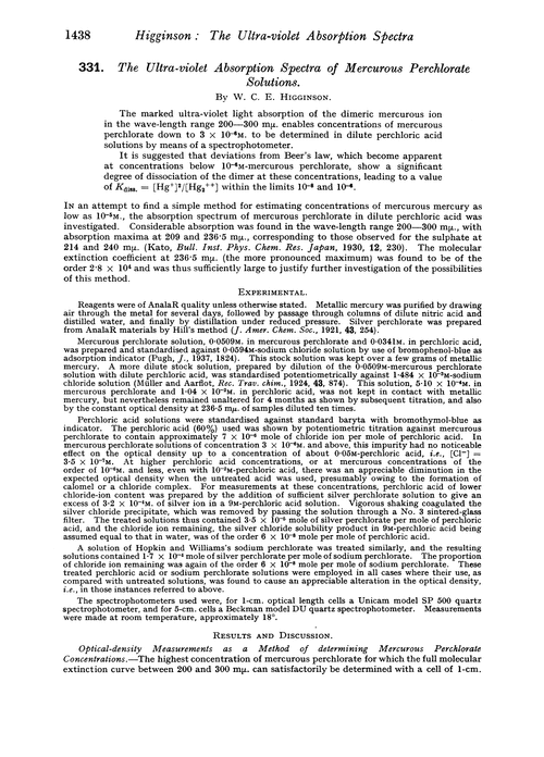 331. The ultra-violet absorption spectra of mercurous perchlorate solutions