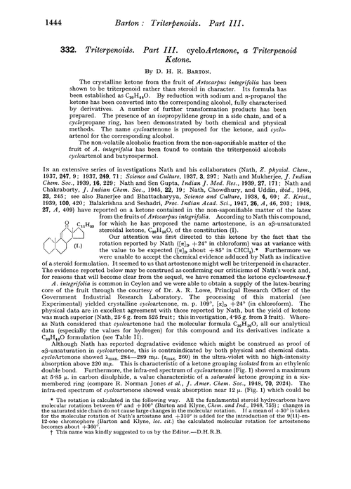 332. Triterpenoids. Part III. cycloArtenone, a triterpenoid ketone