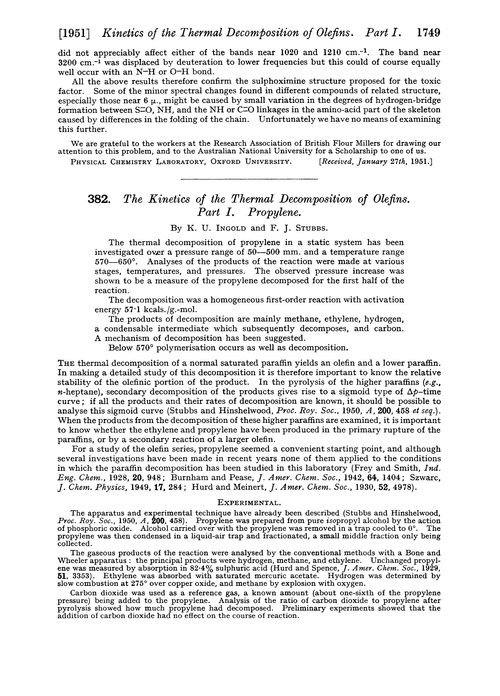 382. The kinetics of the thermal decomposition of olefins. Part I. Propylene