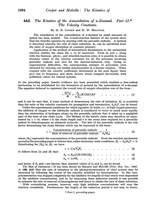 445. The kinetics of the autoxidation of n-decanal. Part II. The velocity constants