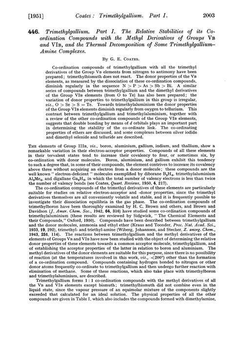 446. Trimethylgallium. Part I. The relative stabilities of its co-ordination compounds with the methyl derivatives of groups VB and VIB, and the thermal decomposition of some trimethylgallium–amine complexes