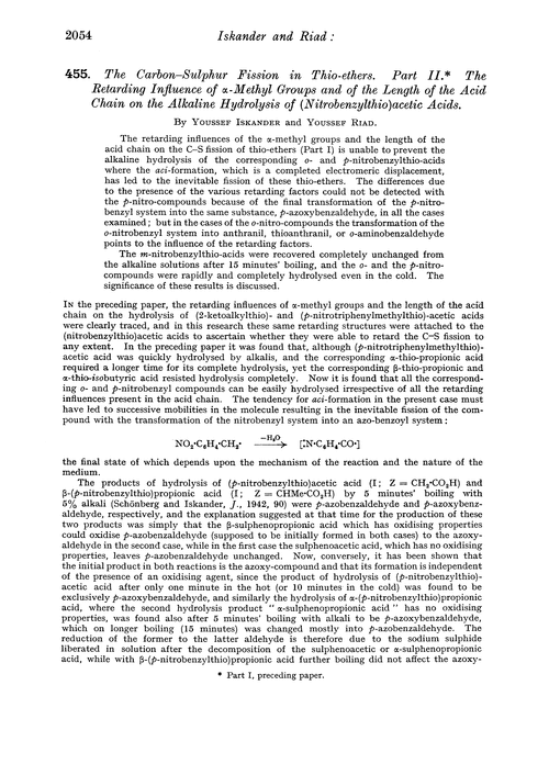 455. The carbon–sulphur fission in thio-ethers. Part II. The retarding influence of α-methyl groups and of the length of the acid chain on the alkaline hydrolysis of (nitrobenzylthio)acetic acids