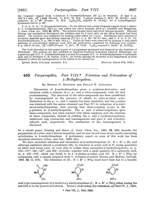 459. Purpurogallin. Part VIII. Nitration and nitrosation of β-methyltropolone