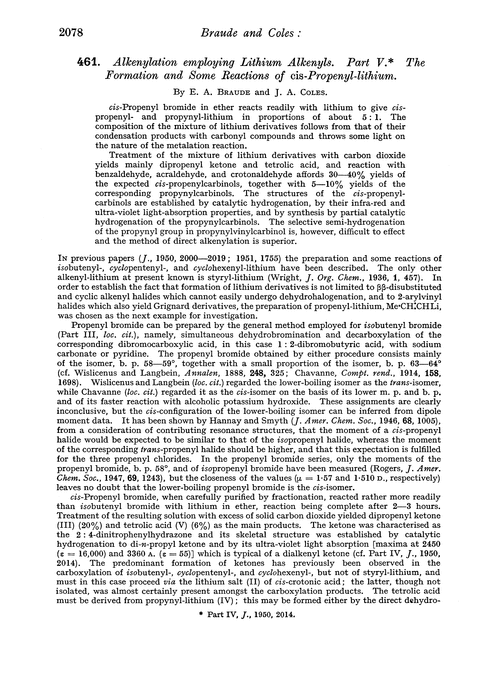 461. Alkenylation employing lithium alkenyls. Part V. The formation and some reactions of cis-propenyl-lithium