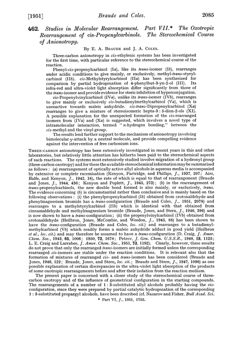 462. Studies in molecular rearrangement. Part VII. The oxotropic rearrangement of cis-propenylcarbinols. The stereochemical course of anionotropy