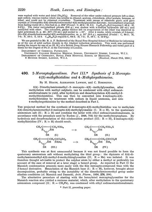 490. 2-Mercaptoglyoxalines. Part III. Synthesis of 2-mercapto-4(5)-methylhistidine and 4-methylergothioneine