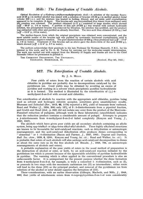 517. The esterification of unstable alcohols