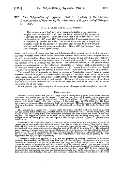 525. The dehydration of gypsum. Part I. A study of the thermal decomposition of gypsum by the adsorption of oxygen and of nitrogen at –183°