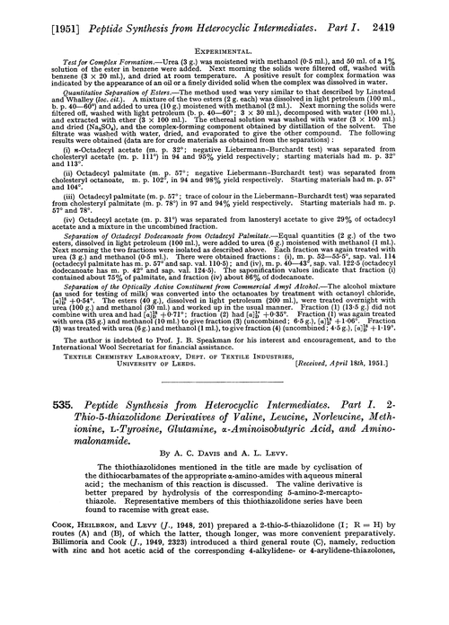 535. Peptide synthesis from heterocyclic intermediates. Part I. 2-Thio-5-thiazolidone derivatives of valine, leucine, norleucine, methionine, l-tyrosine, glutamine, αaminoisobutyric acid, and aminomalonamide