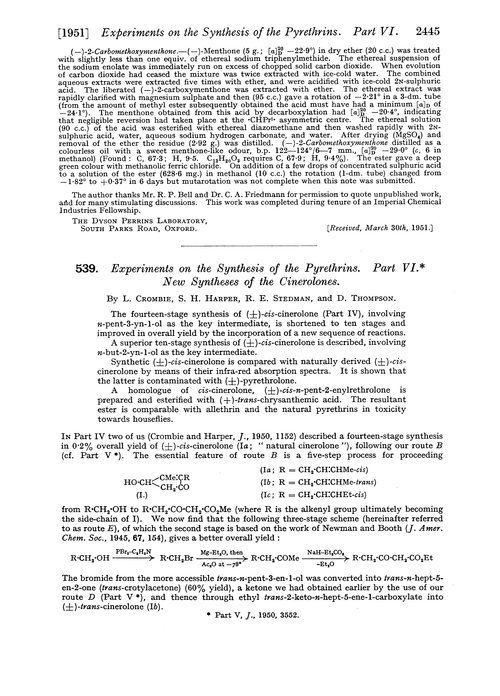 539. Experiments on the synthesis of the pyrethrins. Part VI. New syntheses of the cinerolones