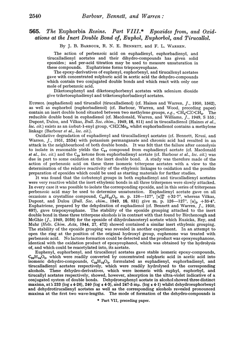 565. The Euphorbia resins. Part VIII. Epoxides from, and oxidations at the inert double bond of, euphol, euphorbol, and tirucallol