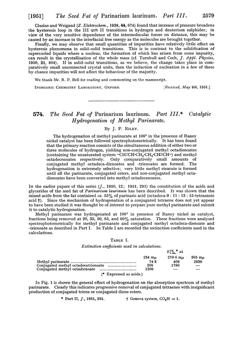 574. The seed fat of Parinarium laurinum. Part III. Catalytic hydrogenation of methyl parinarate