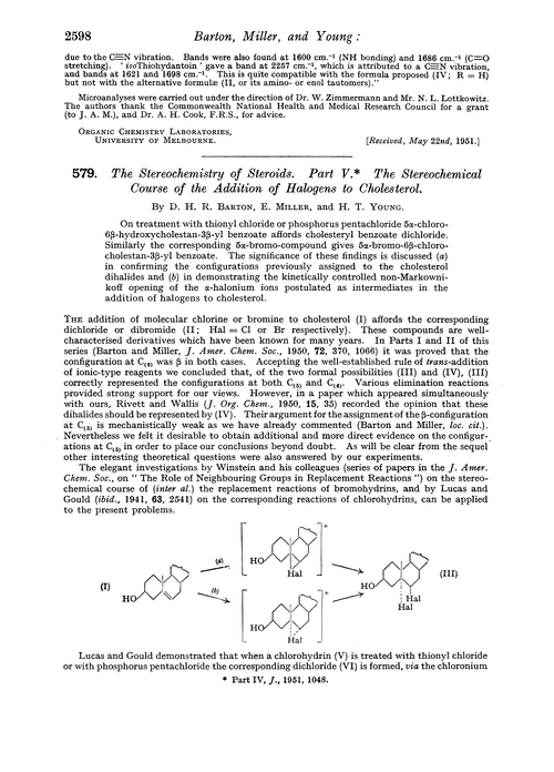 579. The stereochemistry of steroids. Part V. The stereochemical course of the addition of halogens to cholesterol