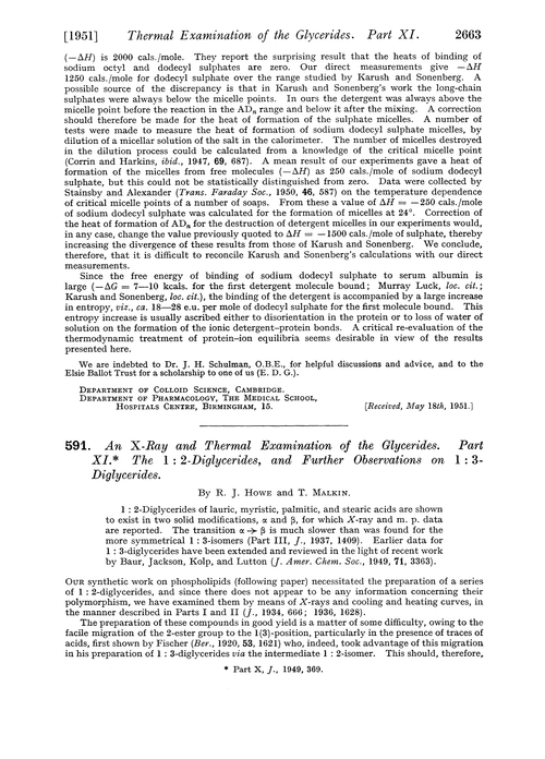 591. An X-ray and thermal examination of the glycerides. Part XI. The 1 : 2-diglycerides, and further observations on 1 : 3-diglycerides