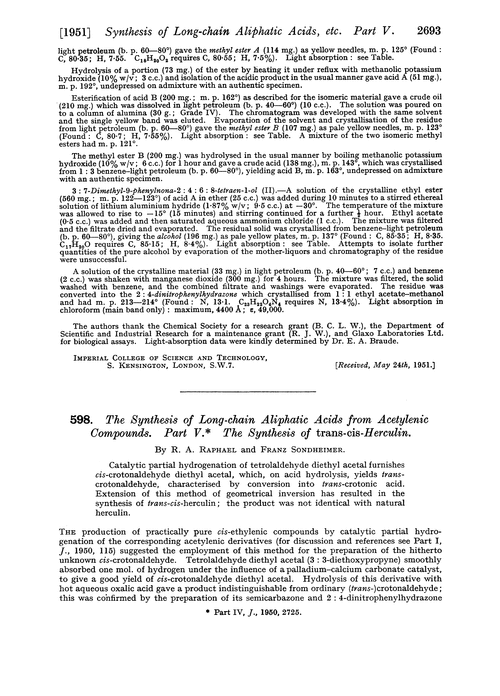 598. The synthesis of long-chain aliphatic acids from acetylenic compounds. Part V. The synthesis of trans-cis-herculin