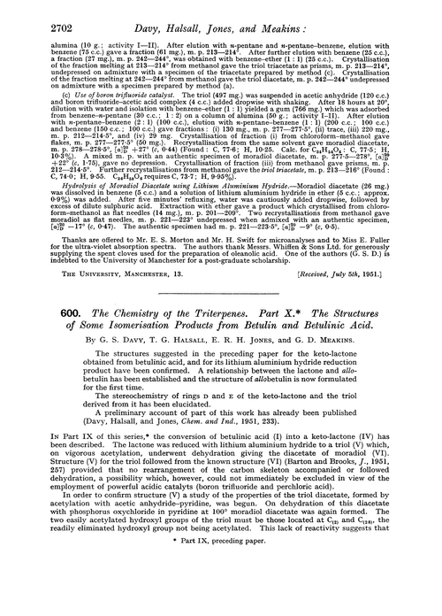 600. The chemistry of the triterpenes. Part X. The structures of some isomerisation products from betulin and betulinic acid