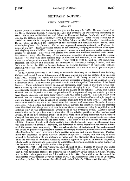 Obituary notices: Percy Corlett Austin, 1879–1950; Walter Norman Haworth, 1883–1950; William Lowson, 1875–1951