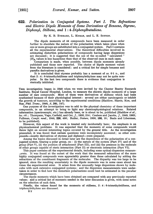 622. Polarisation in conjugated systems. Part I. The refractions and electric dipole moments of some derivatives of benzene, styrene, diphenyl, stilbene, and 1 : 4-diphenylbutadiene