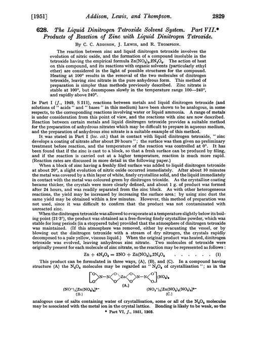 628. The liquid dinitrogen tetroxide solvent system. Part VII. Products of reaction of zinc with liquid dinitrogen tetroxide