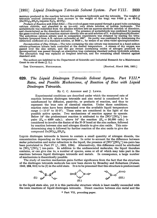 629. The liquid dinitrogen tetroxide solvent system. Part VIII. Rates, and possible mechanisms, of reaction of zinc with liquid dinitrogen tetroxide