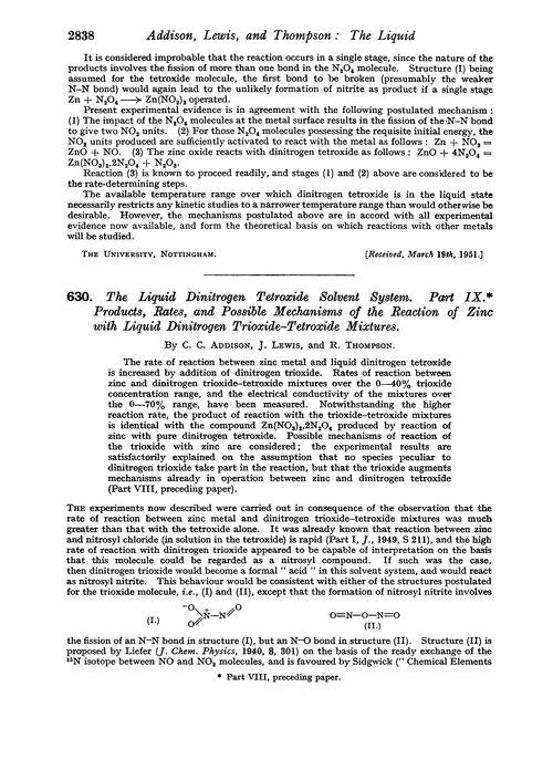 630. The liquid dinitrogen tetroxide solvent system. Part IX. Products, rates, and possible mechanisms of the reaction of zinc with liquid dinitrogen trioxide–tetroxide mixtures