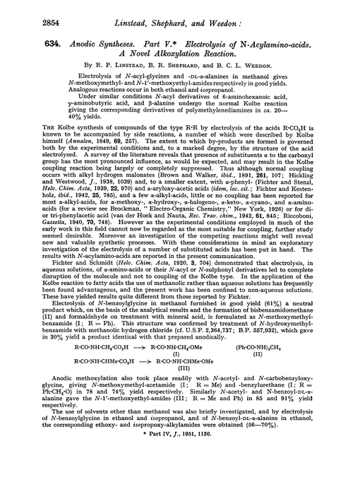 634. Anodic syntheses. Part V. Electrolysis of N-acylamino-acids. A novel alkoxylation reaction