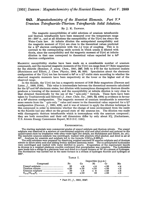 643. Magnetochemistry of the heaviest elements. Part V. Uranium tetrafluoride–thorium tetrafluoride solid solutions
