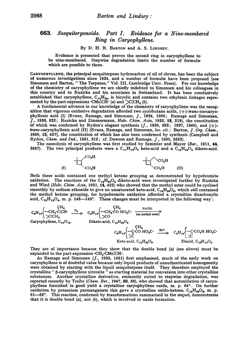 663. Sesquiterpenoids. Part I. Evidence for a nine-membered ring in caryophyllene