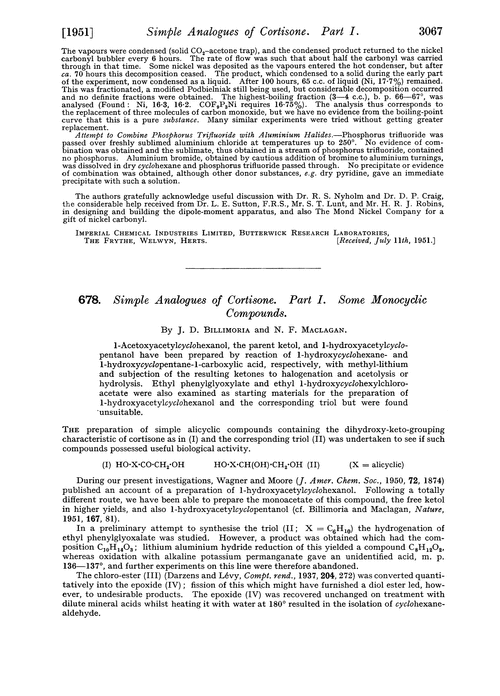 678. Simple analogues of cortisone. Part I. Some monocyclic compounds