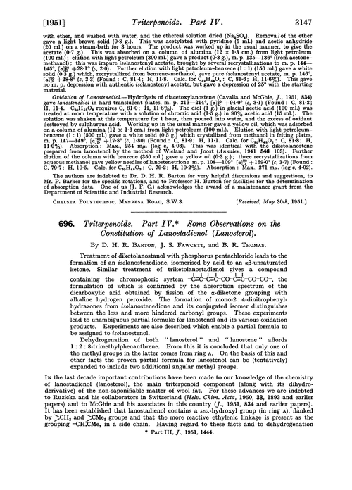 696. Triterpenoids. Part IV. Some observations on the constitution of lanostadienol (lanosterol)