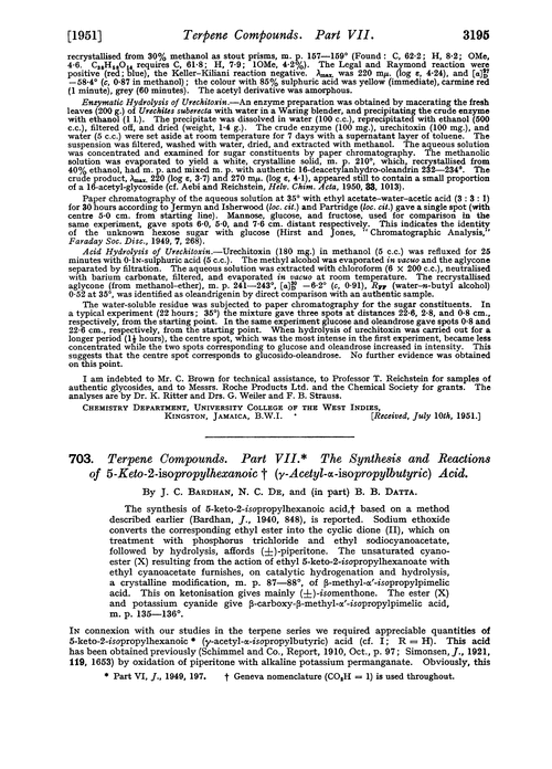 703. Terpene compounds. Part VII. The synthesis and reactions of 5-keto-2-isopropylhexanoic (γ-acetyl-α-isopropylbutyric) acid