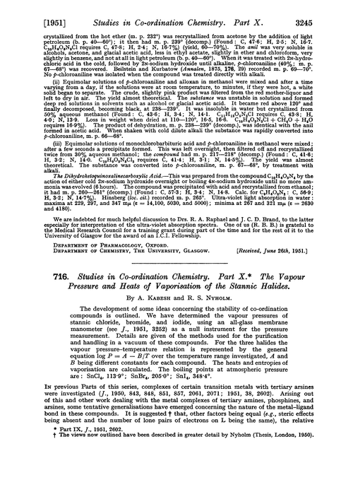 716. Studies in co-ordination chemistry. Part X. The vapour pressure and heats of vaporisation of the stannic halides