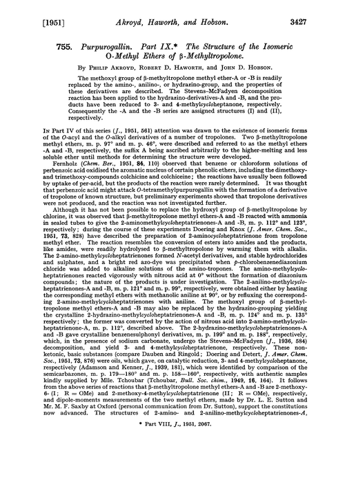 755. Purpurogallin. Part IX. The structure of the isomeric O-methyl ethers of β-methyltropolone