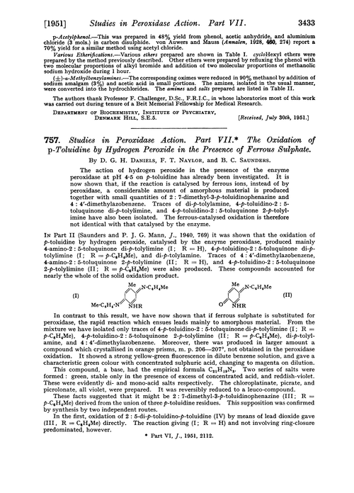 757. Studies in peroxidase action. Part VII. The oxidation of p-toluidine by hydrogen peroxide in the presence of ferrous sulphate