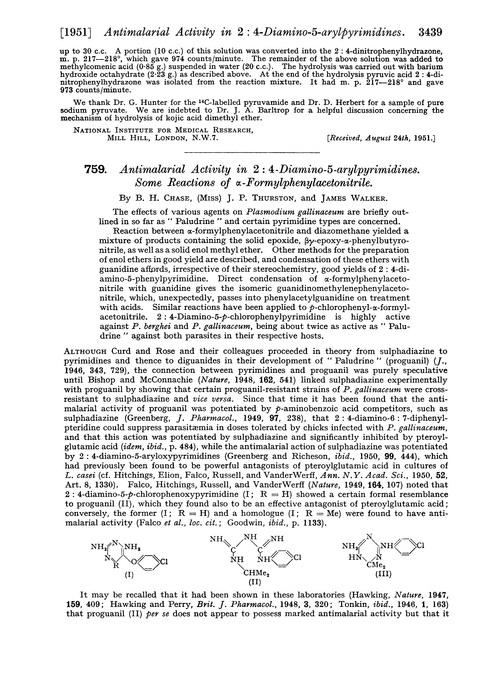 759. Antimalarial activity in 2 : 4-diamino-5-arylpyrimidines. Some reactions of α-formylphenylacetonitrile