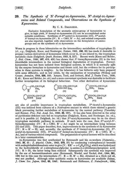 29. The synthesis of N′-formyl-DL-kynurenine, Nα-acetyl-DL-kynurenine and related compounds, and observations on the synthesis of kynurenine