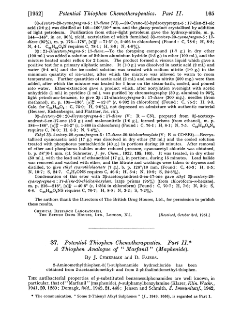 37. Potential thiphen chemotherapeutics. Part II. A thiophen analogue of “marfanil”(maphenide)