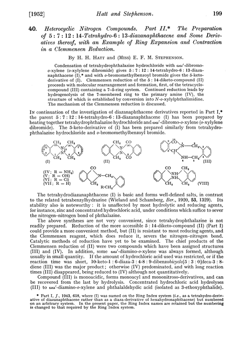 40. Heterocyclic nitrogen compounds. Part II. The preparation of 5 : 7 : 12 : 14-tetrahydro-6 : 13-diazanaphthacene and some derivatives thereof, with an example of ring expansion and contraction in a clemmensen reduction