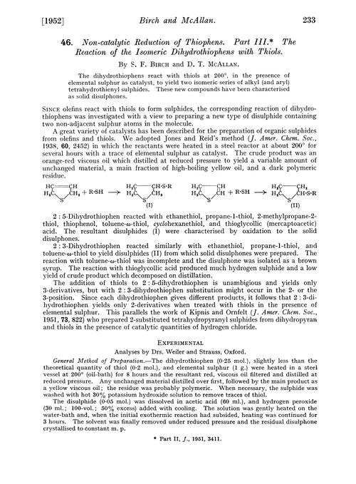 46. Non-catalytic reduction of thiophens. Part III. The reaction of the isomeric dihydrothiophens with thiols