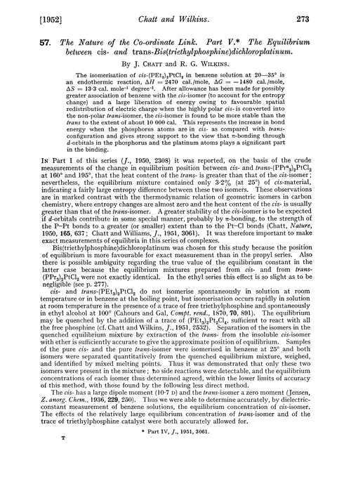 57. The nature of the co-ordinate link. Part V. The equilibrium between cis- and trans-bis(triethylphosphine)dichloroplatinum