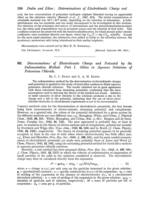 60. Determinations of electrokinetic charge and potential by the sedimentation method. Part I. Silica in aqueous solutions of potassium chloride