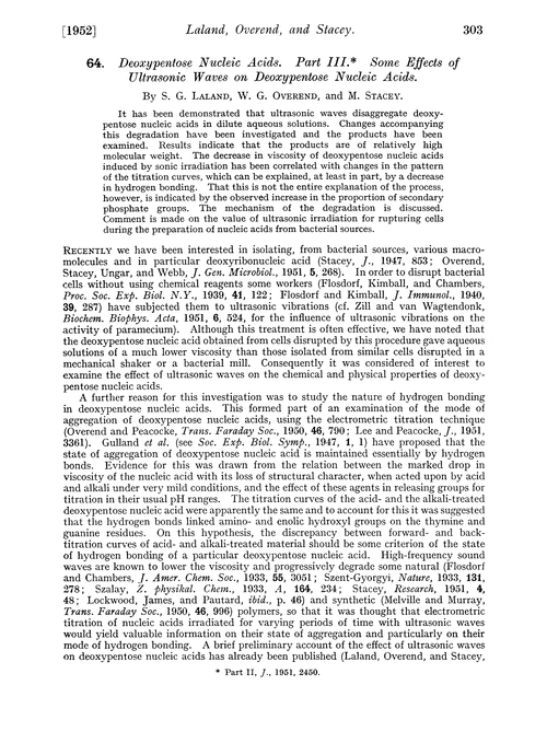 64. Deoxypentose nucleic acids. Part III. Some effects of ultrasonic waves on deoxypentose nucleic acids