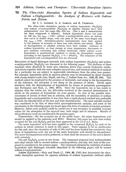 70. The ultra-violet absorption spectra of sodium hyponitrite and sodium α-oxyhyponitrite : the analysis of mixtures with sodium nitrite and nitrate