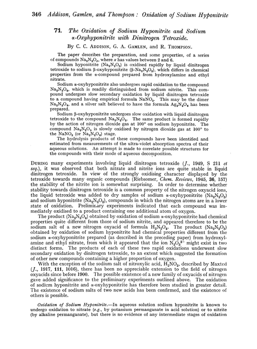 71. The oxidation of sodium hyponitrite and sodium α-oxyhyponitrite with dinitrogen tetroxide