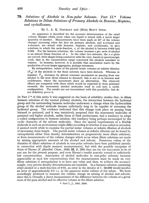 79. Solutions of alcohols in non-polar solvents. Part II. Volume relations in dilute solutions of primary alcohols in benzene, heptane, and cyclohexane