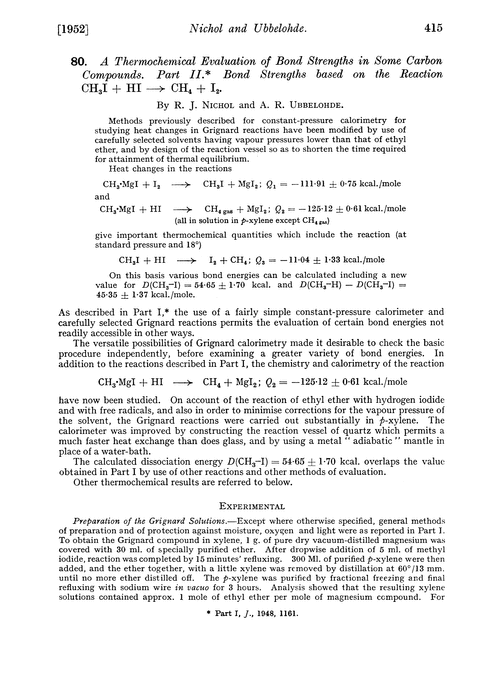 80. A thermochemical evaluation of bond strengths in some carbon compounds. Part II. Bond strengths based on the reaction CH3I + HI → CH4+ I2