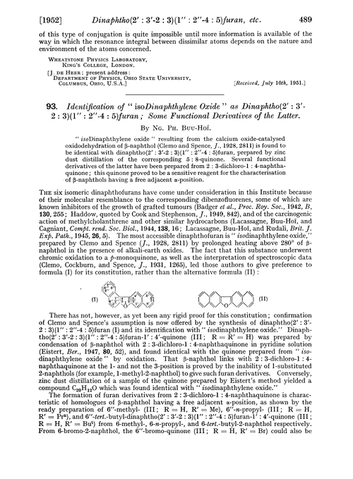 93. Identification of “isodinaphthylene oxide” as dinaphtho(2′ : 3′–2 : 3)(1′ : 2′–4 : 5)furan; some functional derivatives of the latter